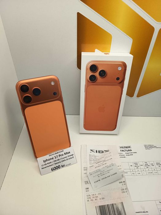 Iphone 17 Pro Max 256GB Cosmic Orange/Neverlocked/Bateria 100% (9 cicluri)/Garantie Apple August 2027/Factura de achizitie/ Stare impecabila! ID11363