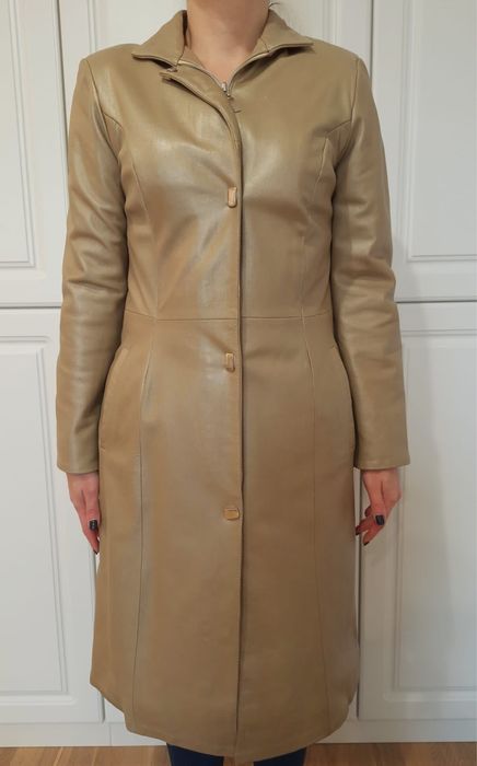 Palton/geaca lung(a) din piele NATURALA, culoare bej auriu