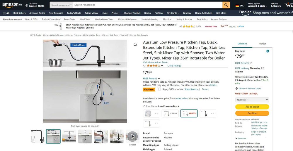 REDUS de la 425 RON, NOU* Baterie chiuveta cu Dus retractabil ,cu autopresiune (pt Presiune Mica), cartus ceramic ,BLACK