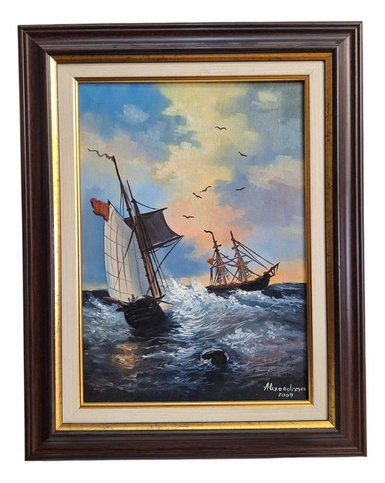 Tablou pictura pe panza Alexandrescu 2009 corabii pe mare rama eleganta