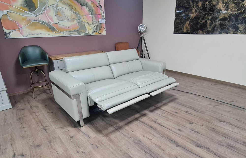 ПРОМОЦИЯ! Сив кожен диван тройка "Moreno" с ел. релакс механизъм