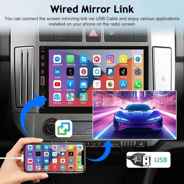 Двудиново автомобилно радио с безжичен Carplay и Android Auto, 7 инча