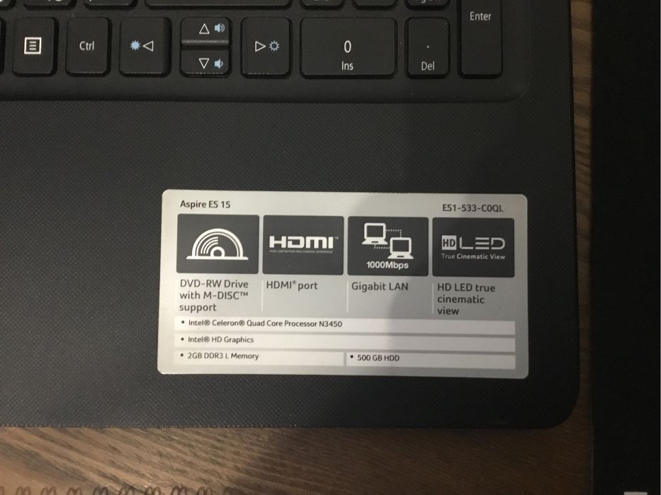 Ноутбук Aser Aspire ES 15 Intel Celeron N3450/DVD-RW/2GB DDR3/500GB HD