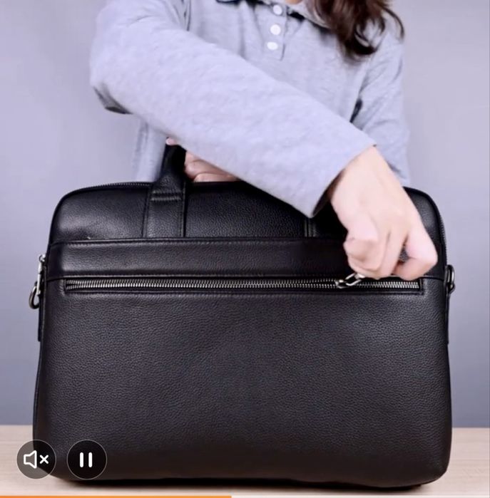 Мъжка елегантна чанта за лаптоп 15”/Офис куфарче от черна естест. кожа