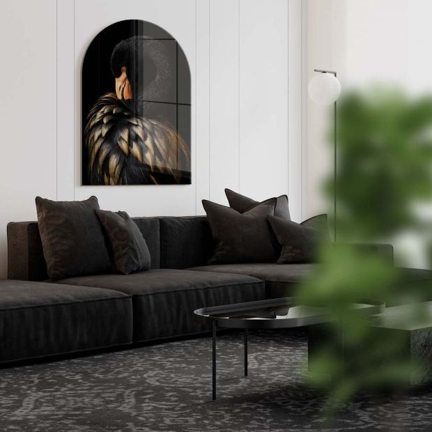 100см! Стъклена картина "Черно фламинго"