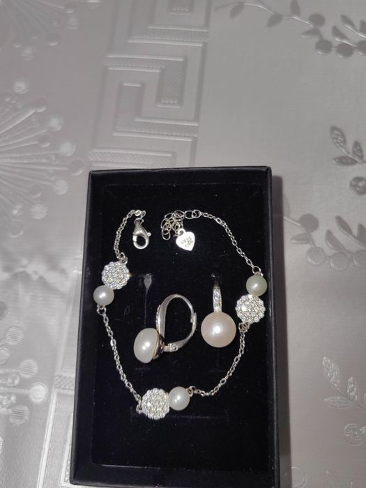 Set argint cercei brățară cu perle + cutie cadou