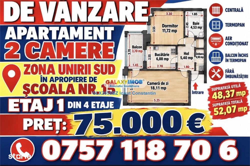 Vanzare apartament 2 camere zona UNIRII SUD- SCOALA 15