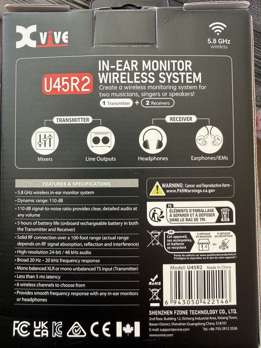 Xvive U45R2 – Sistem in-ear wireless, 1 emițător + 2 receptoare, ca nou