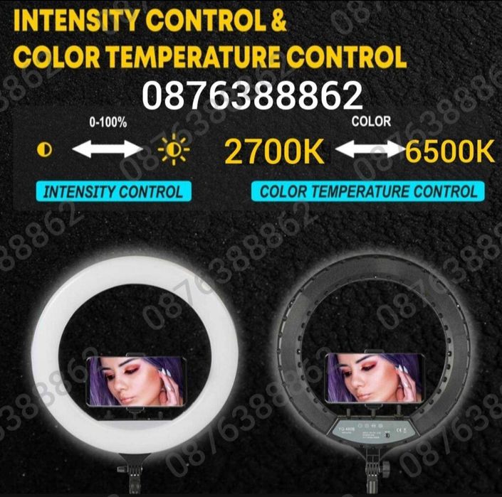 Професионална LED РИНГ Лампа 48см  3 Стойки за Телефон и Дистанционно