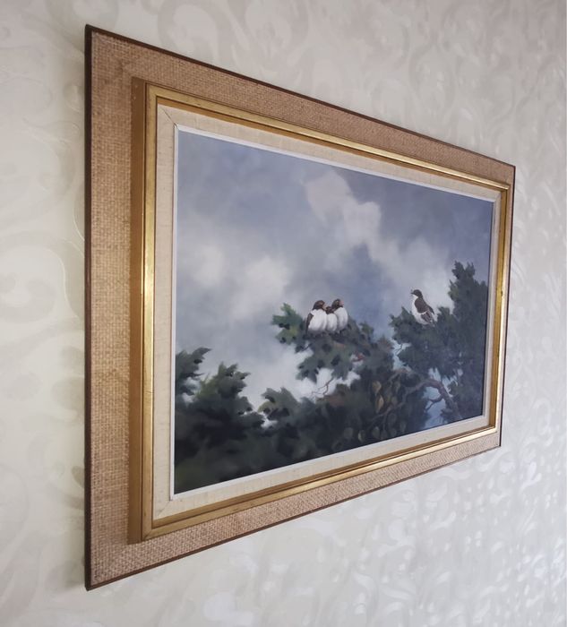 Антикварна картина в рамка и паспарту УОЛТЪР ЛИЛЕНБЕРГ „ПТИЦИ НА КЛОН“