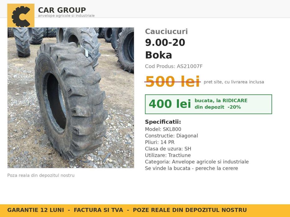 Cauciucuri 9.00-20 Boka SKL800 Anvelope Camion Basculanta Industriale 14PR SH GARANTIE Factura