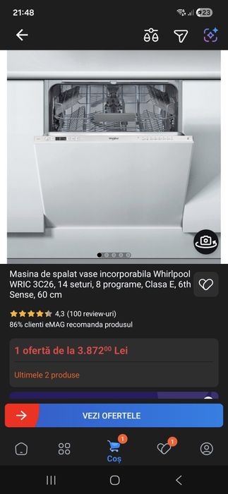 Vand Masina de spalat vase incorporabila Whirlpool WRIC 3C26, 14 seturi, 8 programe, Clasa E, 6th Sense, 60 cm