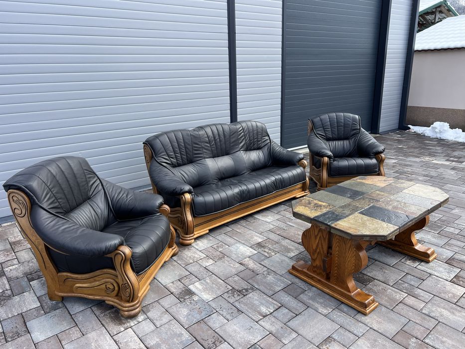 Set canapea canapele 3 - 1 - 1 Lemn Masiv + PIELE Naturala Rustic