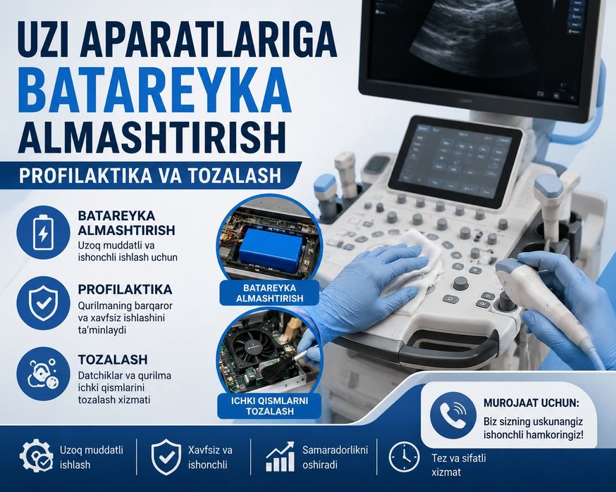 UZI ( УЗИ ремонт) apparatlariga batareyka almashtirish, profilaktika v