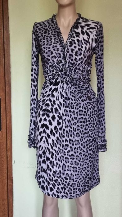 Rochie midi Roberto Cavalli, jersee de matase naturala 95%, animal print/leopard, marimea L
