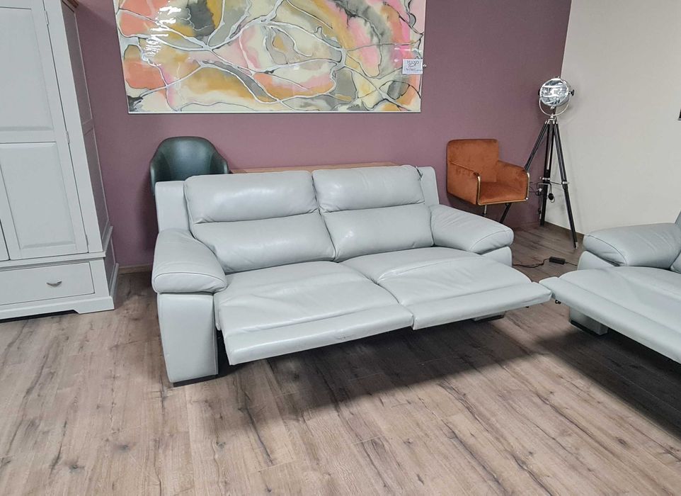 Италиански сив кожен комплект дивани две тройки с ел. релакс механизъм