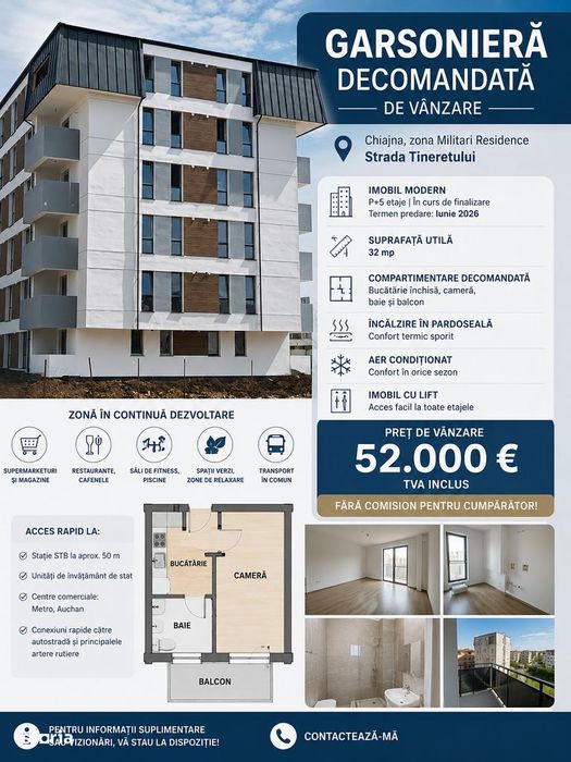Garsonieră modernă, 32mp, str Tineretului, Chiajna, comision 0