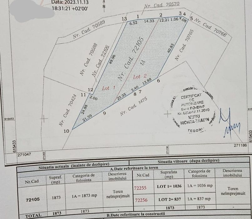 Teren intravilan 1036 mp sau  837 mp in Băile 1 Mai