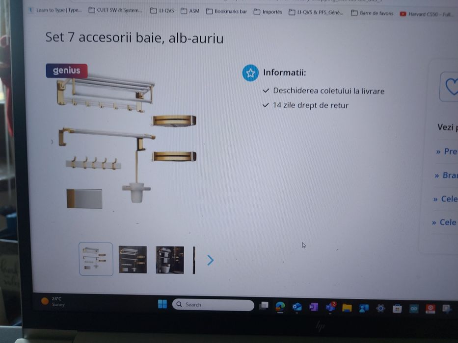 Set 7 accesorii baie, suport prosop, etajera, alb auriu