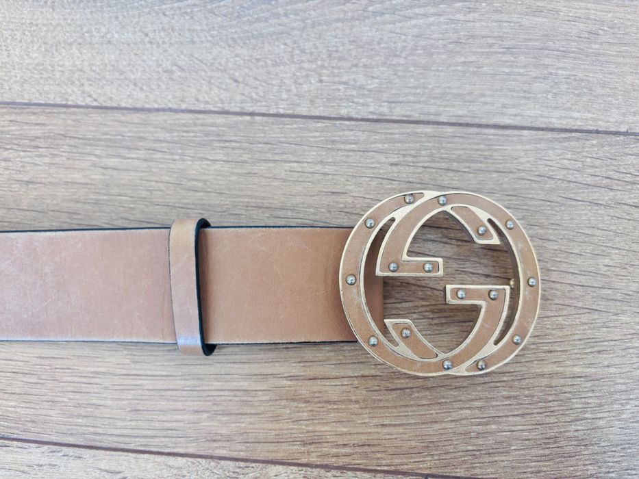 Gucci Caramel Brown Studded Leather Interlocking G Belt оригинален колан