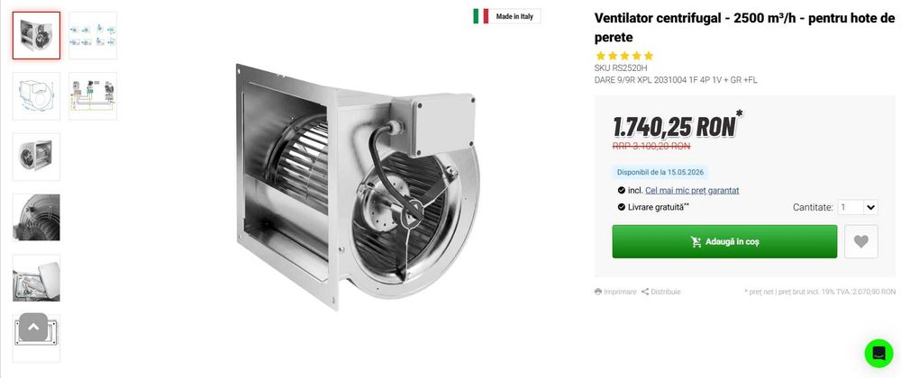 Ventilator centrifugal pentru hote de perete, nou, debit maxim 2500 mc/h.