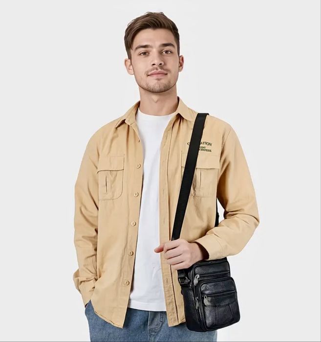 Мъжка универсална кожена чанта/Практична и удобна с черна естест. кожа