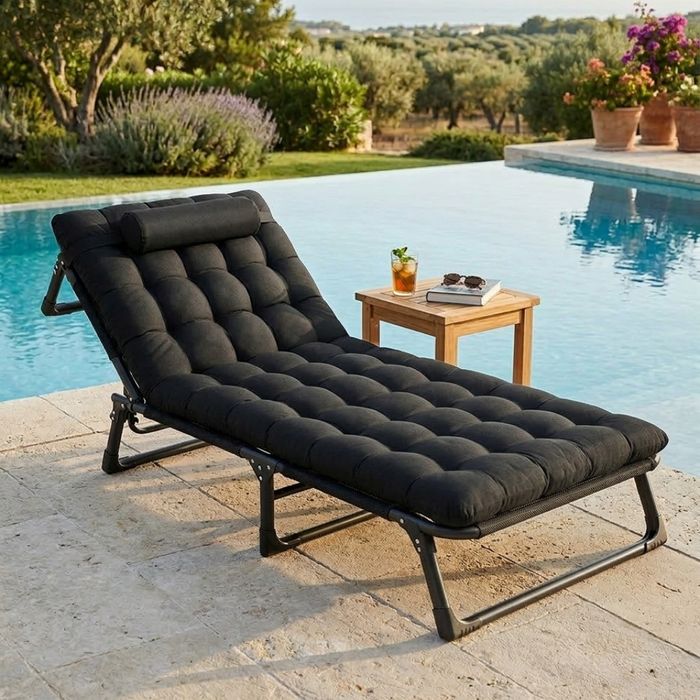 Сгъваемо къмпинг легло и градински шезлонг 2в1, с мек матрак и възглав