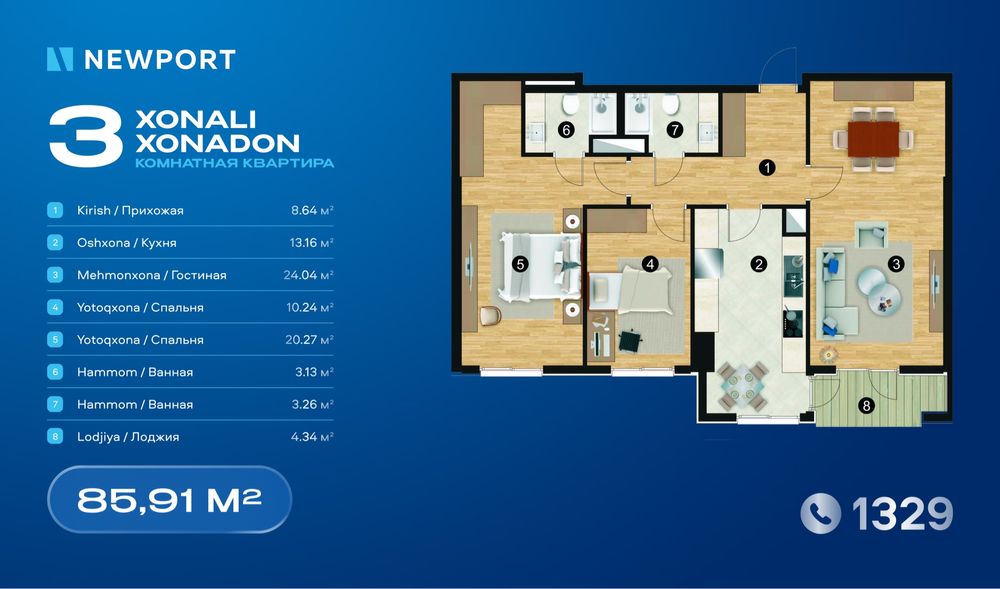 Yakkasaroy tumanida 3 xonali biznes klass xonadon