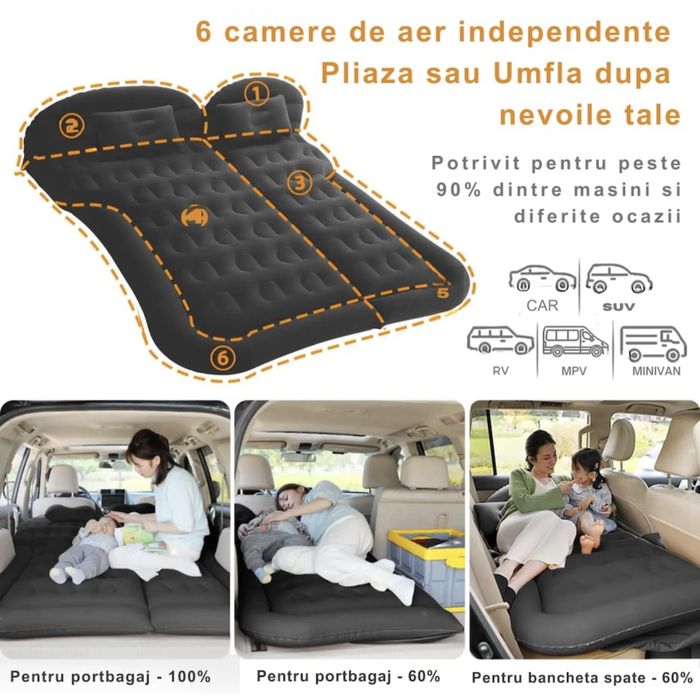 Saltea auto gonflabila noua, nefolosita, dimensiuni 174 X 126 cm, negru