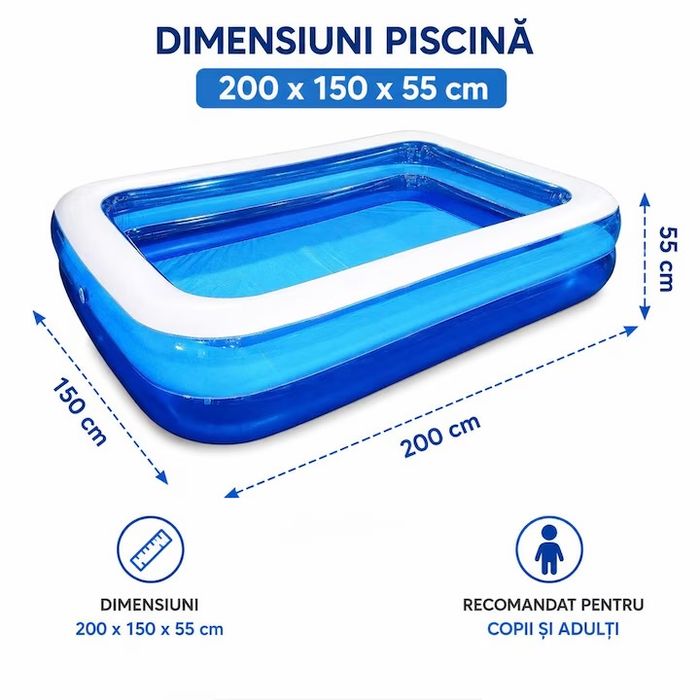 Piscină Gonflabilă Family 200x150x55 cm, PVC Durabil, 2 Inele, Copii și Adulți, Montare Rapidă + Colac Cadou