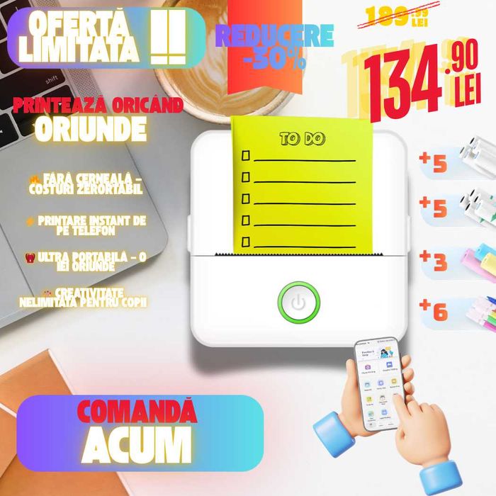 Imprimanta termica mini portabila Bluetooth 57mm, fara cerneala, imprimanta foto & etichete DIY pentru copii, aparat de buzunar cu aplicatie mobil