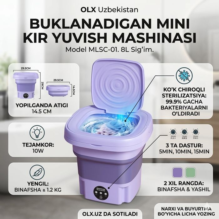 Mini kir yuvish mashinasi (Buklanadigan) - 8L (Yangi model)