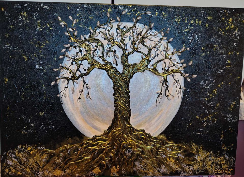 Уникална ръчна картина – златно дърво 70x50 см“