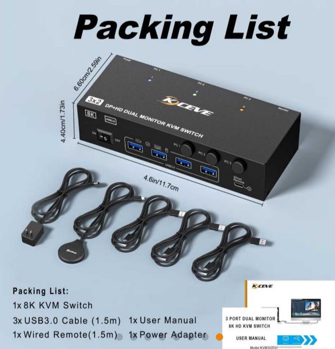 8K 60Hz KVM превключвател за 2 монитора и 3 компютъра Displayport и HDMI 4K 144Hz,KCEVE KVM302DH