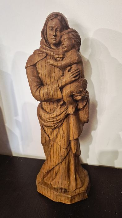 Statuetă vintage din lemn, Fecioara Maria cu Pruncul Iisus, din anul 1960, 35cm înnălțime.