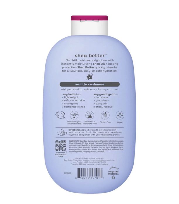 Eos, Shea Better 24H Moisture Vanilla Cashmere Body Lotion, Lotiune hidratantă, 473 ml