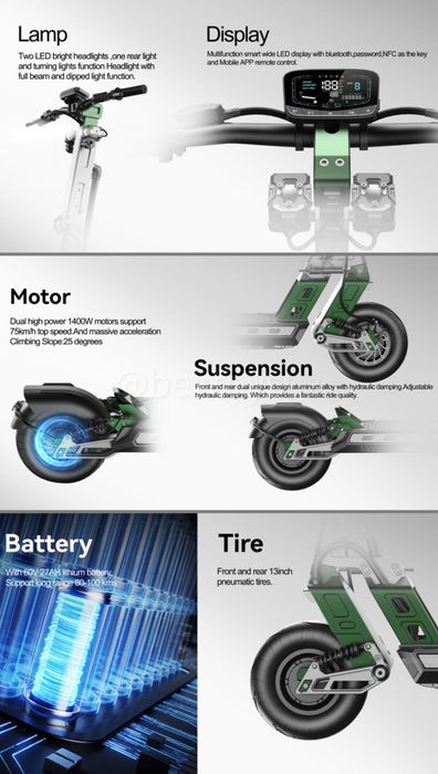 Электросамокат TANK 737 полный привод 3200W до 100 км/ч внедорожник
