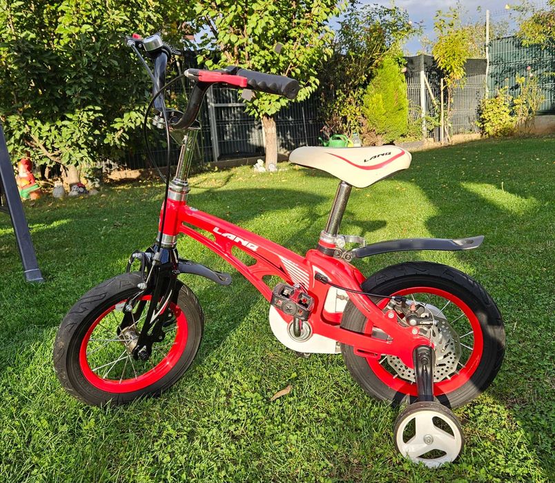 Bicicleta 12" copii LANQ W1256D aliaj magneziu frana spate disc. Stare EXCELENTA roti ajutatoare