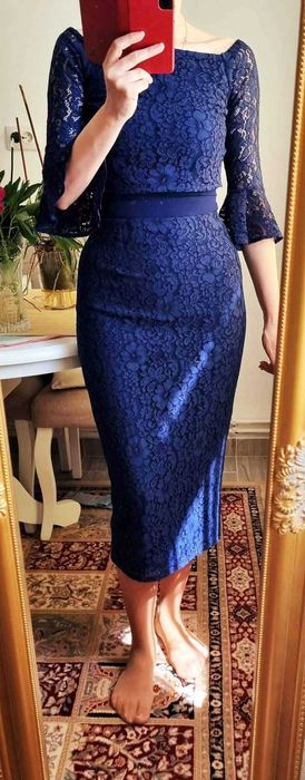 Rochie midi din dantela bleumarin, marimea 36