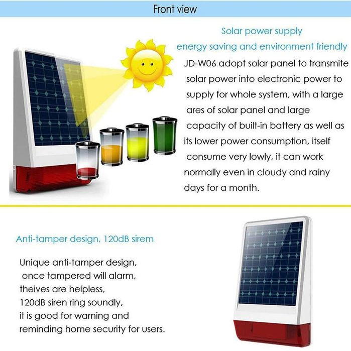 Sirena Wireless Wolf-Guard JD-W06 cu Alarmă de 110db și Stroboscop Solar – Compatibil cu Sistemul Wolf-Guard