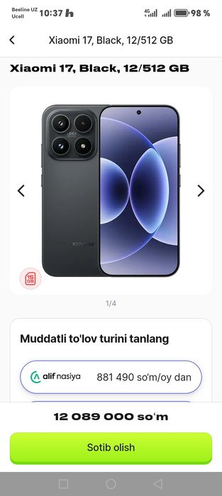 Xiaomi 17 black 12/512 korobka plomba 1 yil garantiya