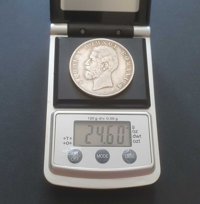 Moneda 5 lei 1880 argint, varianta cu gravorul pe cercul perlat.