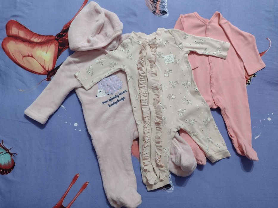 Set 3 salopete roz (2 bumbac si 1 cocolino) pentru bebelusi, masura 68