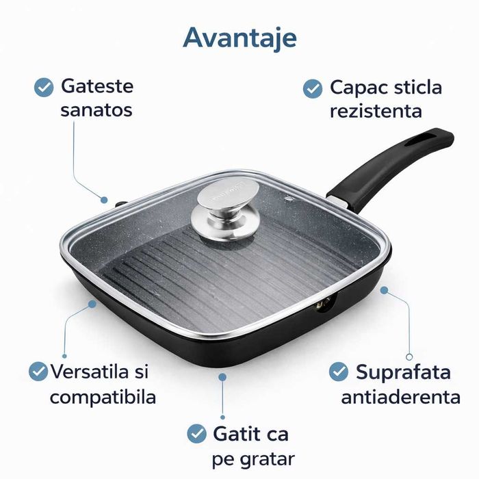 Tigaie grill patrata Royalty Line 24 cm cu capac sticla