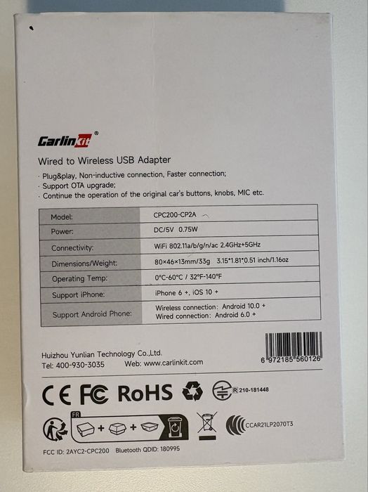 Carlinkit CPC200-CP2A – adaptor Wireless CarPlay & Android Auto, USB, Wi-Fi 2.4/5 GHz