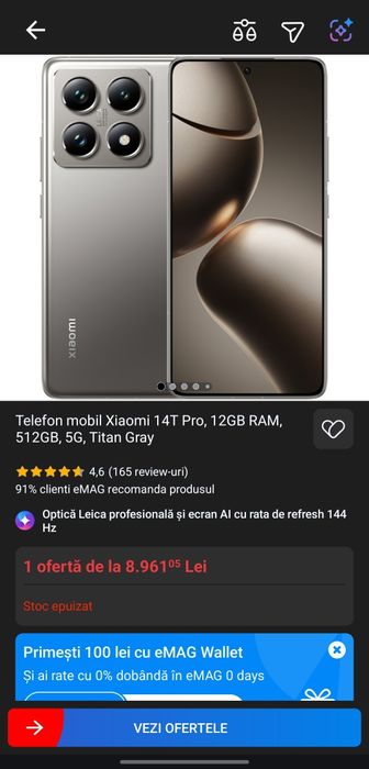 Telefon mobil Xiaomi 14T Pro, 12GB RAM, 512GB, 5G, Titan Gray Nou! Garantie eMAG 2 ani!