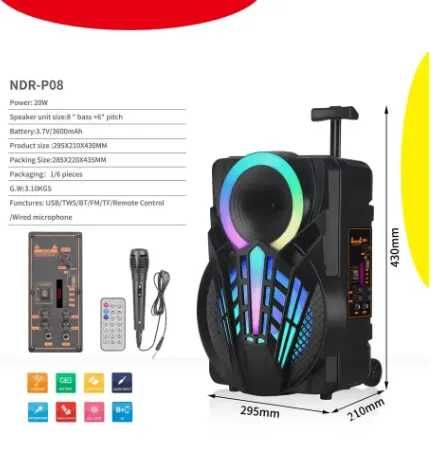 Караоке Тонколона NDR-P08 с Bluetooth , микрофон и Цветомузика