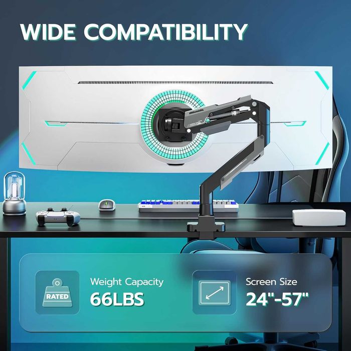 ARES WING газово пружинно рамо за ултраширок монитор плосък/извит 57"