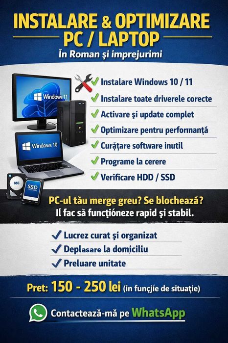 Servicii IT Roman – Instalare Windows, Curățare PC, Build Gaming