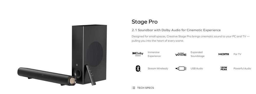 Creative Stage Pro – 2.1 саундбар с Dolby Audio, 160W, Bluetooth 5.3, субуфер (Клас Б)